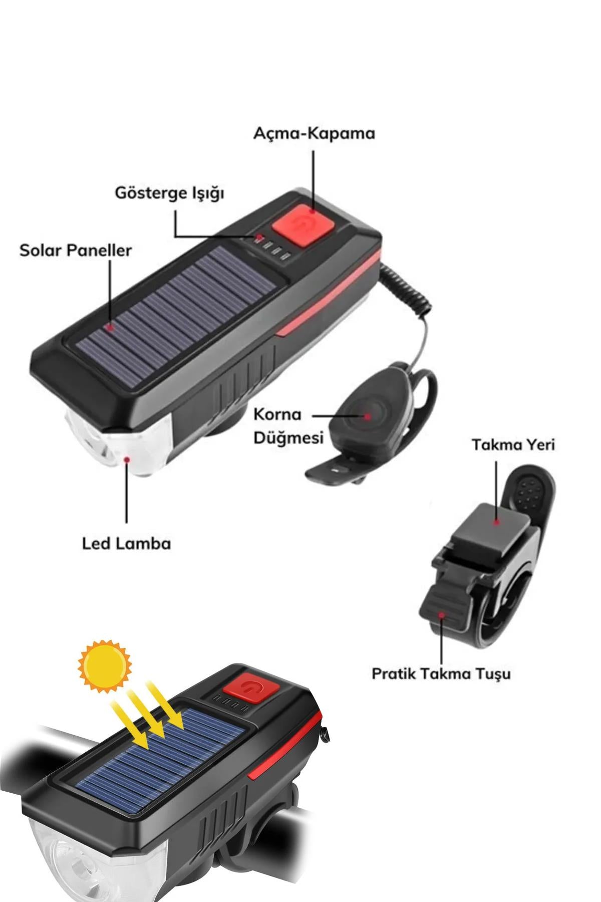 Güneş Enerjili Usb Şarjlı Bisiklet Lambası Solar Fener Ön Far Işık Aydınlatma Kornalı Güneş Enerjili Usb Şarjlı Bisiklet Lambası Solar Fener Ön Far Işık Aydınlatma Kornalı