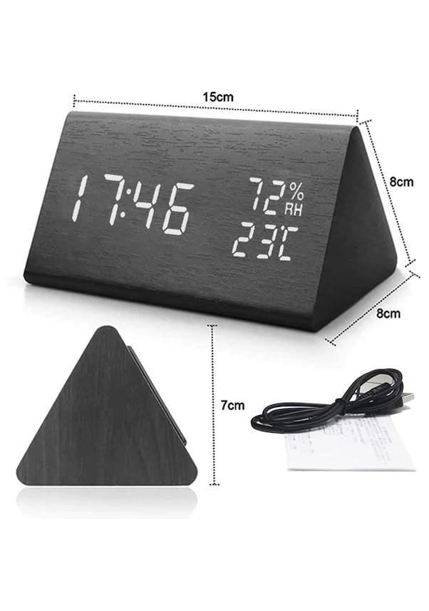 LED Ekranlı Dijital Üçgen Ahşap Masa Saati Alarm Takvim Ses Komutlu LED Ekranlı Dijital Üçgen Ahşap Masa Saati Alarm Takvim Ses Komutlu