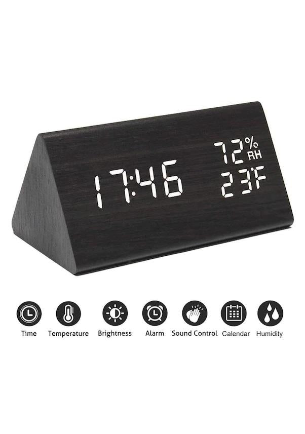 LED Ekranlı Dijital Üçgen Ahşap Masa Saati Alarm Takvim Ses Komutlu LED Ekranlı Dijital Üçgen Ahşap Masa Saati Alarm Takvim Ses Komutlu