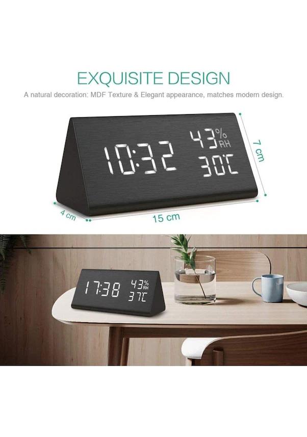 LED Ekranlı Dijital Üçgen Ahşap Masa Saati Alarm Takvim Ses Komutlu LED Ekranlı Dijital Üçgen Ahşap Masa Saati Alarm Takvim Ses Komutlu