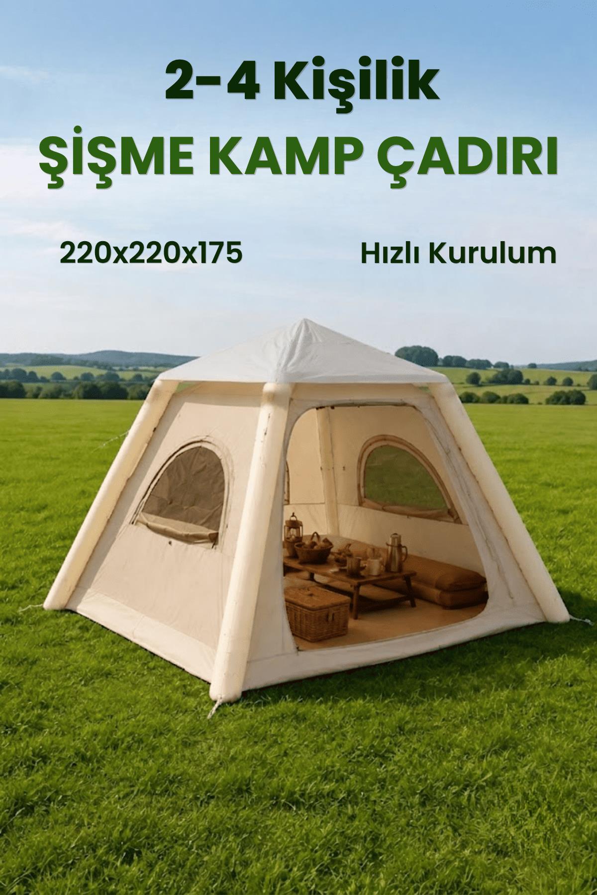 Şişme Kamp Çadırı 210D Oxford Kumaş 4 Kişilik 4 Mevsim 220x220x175 cm Pompa Dahil Çadır Su Geçirmez Kolay Kurulum