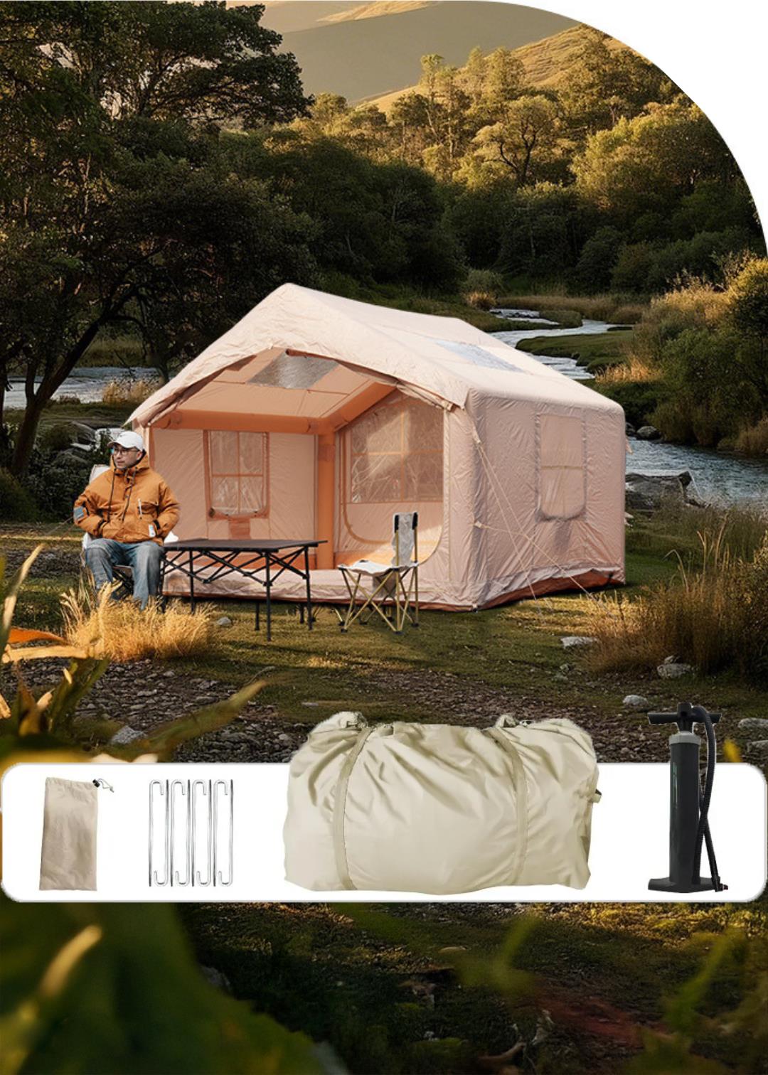 Şişme Kamp Çadırı 5 Mevsim 300x250x210 cm 4-6 Kişilik Çadır Pompalı Baca Çıkışlı Tavan Manzaralı