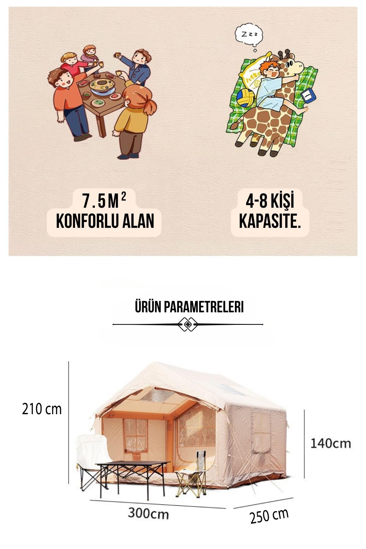 Şişme Kamp Çadırı 5 Mevsim 300x250x210 cm 4-6 Kişilik Çadır Pompalı Baca Çıkışlı Tavan Manzaralı