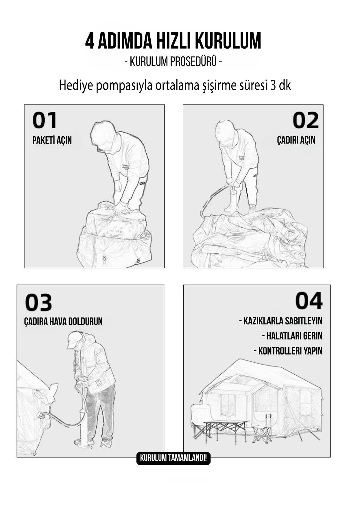 Şişme Kamp Çadırı 5 Mevsim 300x250x210 cm 4-6 Kişilik Çadır Pompalı Baca Çıkışlı Tavan Manzaralı