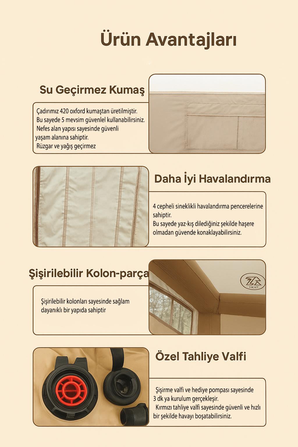 Şişme Kamp Çadırı 5 Mevsim 300x250x210 cm 4-6 Kişilik Çadır Pompalı Baca Çıkışlı Tavan Manzaralı
