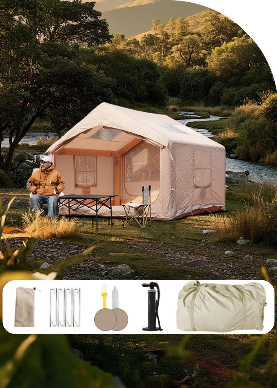 Şişme Kamp Çadırı 5 Mevsim 300x250x210 cm 4-6 Kişilik Çadır Pompalı Baca Çıkışlı Tavan Manzaralı