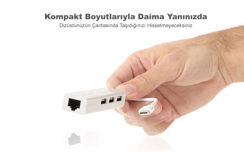 Type-C Ethernet LAN Çevirici ve 3 Port USB 2.0 Çoklayıcı HUB