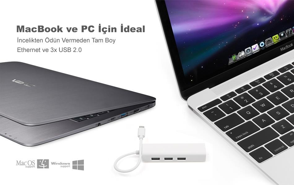 Type-C Ethernet LAN Çevirici ve 3 Port USB 2.0 Çoklayıcı HUB